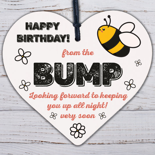 Happy Birthday From Bump Wooden Heart Dad Mum Funny Card Pregnancy Baby Gift