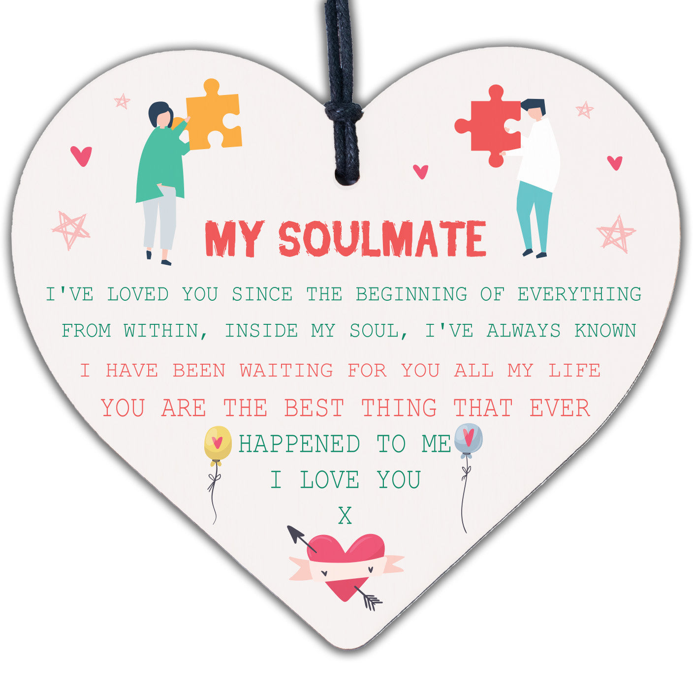 My Soulmate I Love You Wooden Hanging Heart Plaque Cute Valentines Day Gift Sign