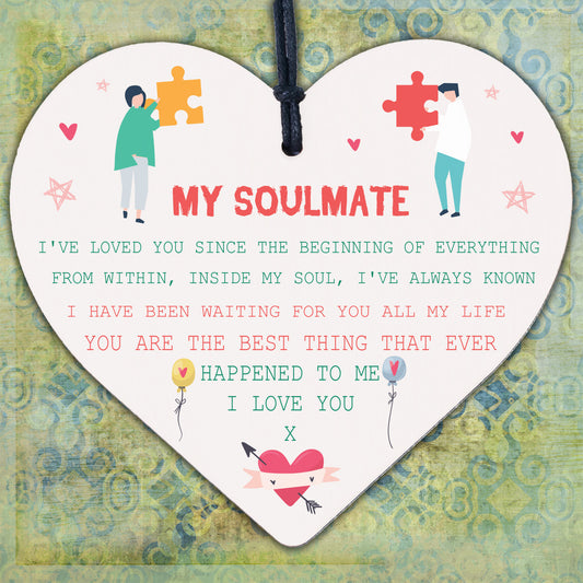 My Soulmate I Love You Wooden Hanging Heart Plaque Cute Valentines Day Gift Sign