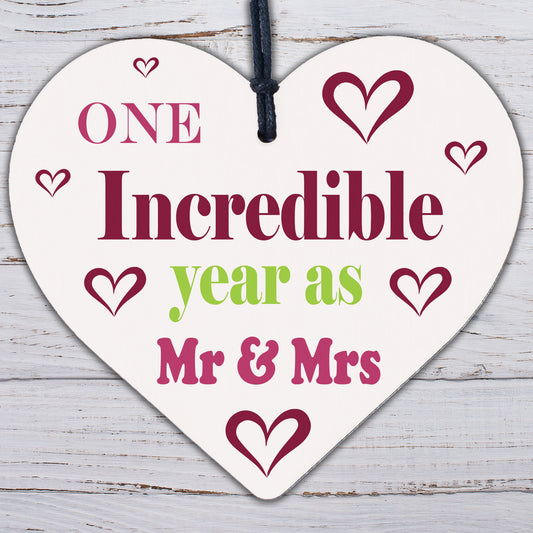 1st Wedding Anniversary Gift Wooden Heart Mr And Mrs One Year Anniversary Gift