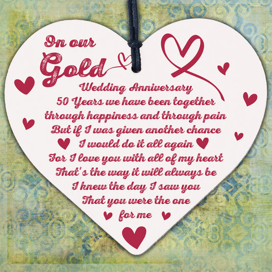 50th Gold Wedding Anniversary Gift For Husband Wife Wood Heart Special Keepsake