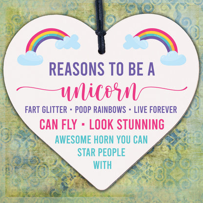 Reasons To Be A Unicorn Novelty Wooden Hanging Heart Shabby Chic Friendship Gift