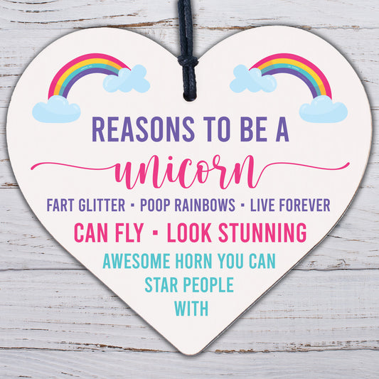 Reasons To Be A Unicorn Novelty Wooden Hanging Heart Shabby Chic Friendship Gift