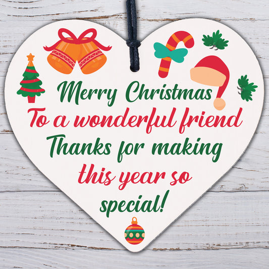 Christmas Friendship Friend Thank You Gift Wood Hanging Heart Bauble Decoration