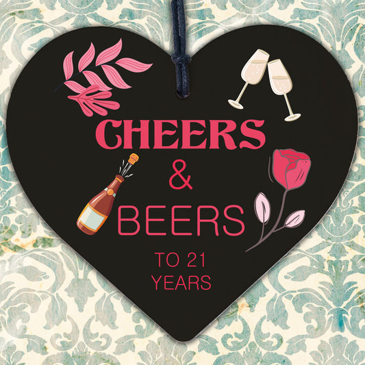 21st Birthday Cheers And Beers Funny Birthday Gift For Son Brother Wood Heart