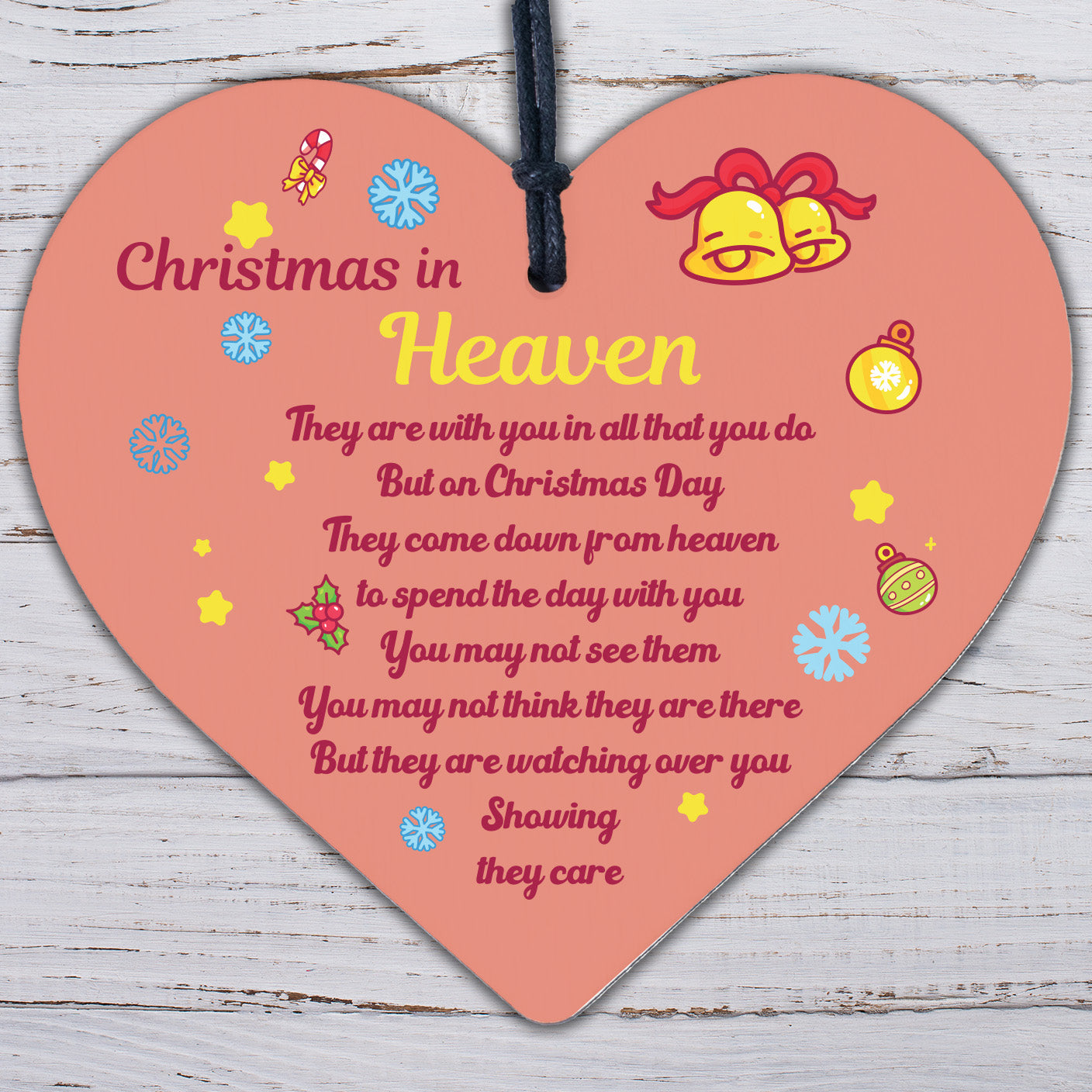 Christmas In Heaven Xmas Tree Decoration Memorial Quote Wood Heart Plaque Poem