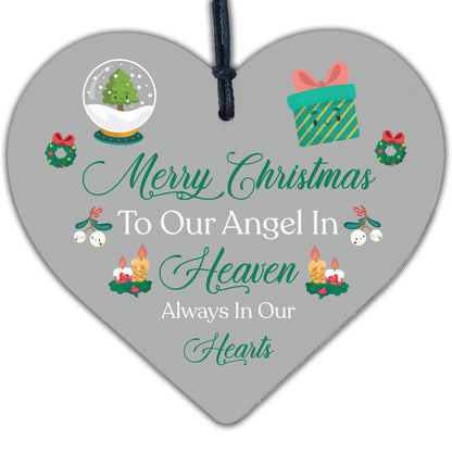 Merry Christmas Angel Heaven Wooden Hanging Heart Memorial Plaque Tree Decor