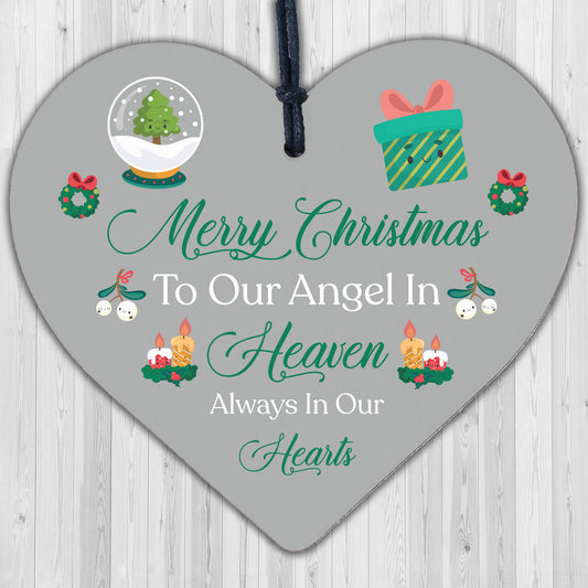 Merry Christmas Angel Heaven Wooden Hanging Heart Memorial Plaque Tree Decor