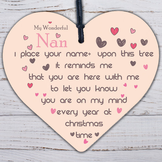 Christmas Memorial Nan Nanny Handmade Wooden Heart Tree Decoration Bauble